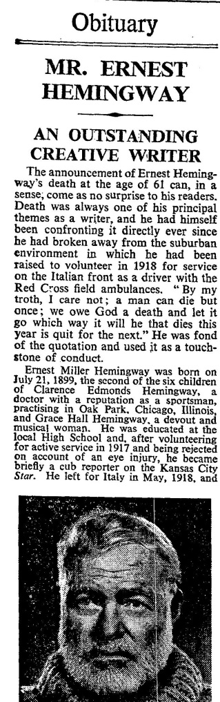 Hemingway's Obituary from the Times