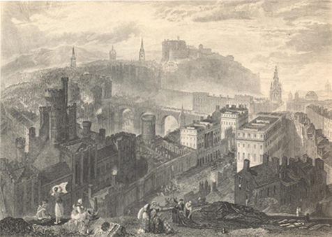 Engraving by Turner of Edinburgh city centre, as seen from Calton Hill
