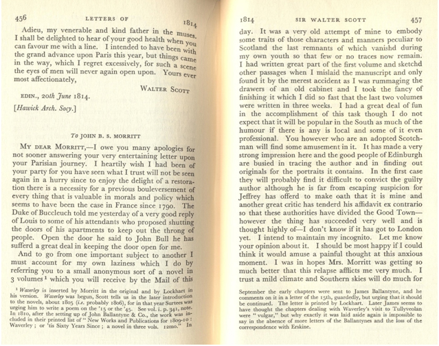 Letter from Scott to his friend John B.S. Morritt, in which Scott explains some of his motivation for writing Waverley