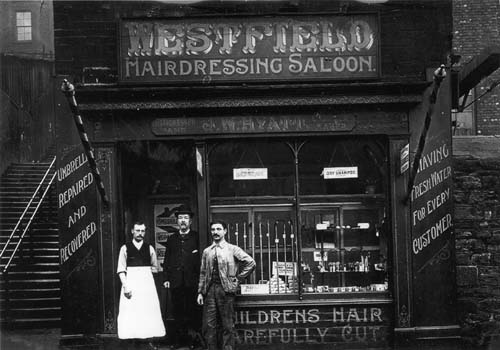 Westfield Hairdressing Saloon at number 1 Westfield Road, adjacent to the Ninety-nine Steps seen to the left.