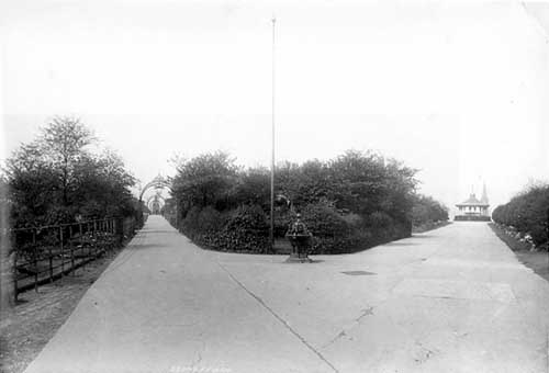 Convergence of two pathways at Woodhouse Moor. The bandstand can be seen in the distance