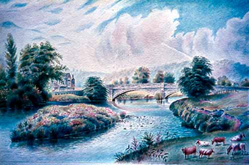 Watercolour of Apperley Bridge by local artist Fred Swaine, showing the George and Dragon public house in view, left. The pub dates back to at least 1587 and was originally built by the Atkinson family of Apperley as a private house. It was first recorded as an inn in 1835 but was probably established as such in the late 18th century, c1780. The George and Dragon retains many of its original features and is also Grade II listed. © Fred Swaine.