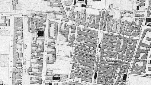 The first accurate survey of Leeds was published by Netlam and Giles in 1815. It clearly shows the different types of development at each end of the Headrow. At the West End is the newly built Park Estate surrounding Park Square, with wide streets, houses with gardens, some of them with views over the surrounding countryside. There is almost no development north of Butts Hill and Park Lane. Contrast this with the narrow streets, and crowded terraces of back-to–back houses of the east end. The town centre, on both sides of Briggate and north of the Upper Head Row and Lower Head Row was a maze of alleyways, yards and courts and working-class housing. Text and image taken from our Discovering Leeds website