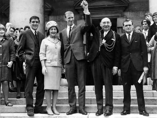 3rd August 1966. Leeds United's participants in England's triumphant World Cup winning squad are welcomed at a reception at the Civic Hall by the Lord Mayor of Leeds, Alderman Joshua S. Walsh. From the left is Norman Hunter, then the Lady Mayoress, Jack Charlton in the centre, the Lord Mayor and finally trainer Les Cocker. See the image on Leodis here