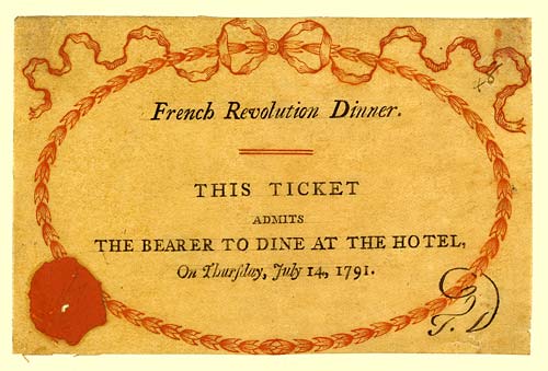 Ticket for the dinner at the Hotel celebrating the second anniversary of the storming of the Bastille on 14 July 1791 that led to the Priestley Riots. From: https://en.wikipedia.org/wiki/Royal_Hotel,_Birmingham (Public Domain)