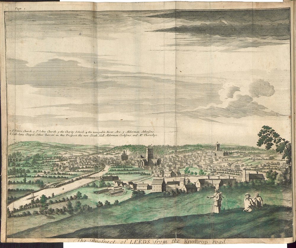 'The Prospect of Leeds, from the Knostrop Road'. Taken from Ralph Thoresby's Ducatus Leodiensis
