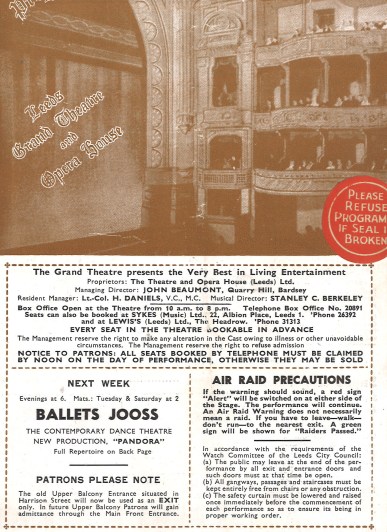 Programme for The Grand Theatre, advertising Ballets Jooss.