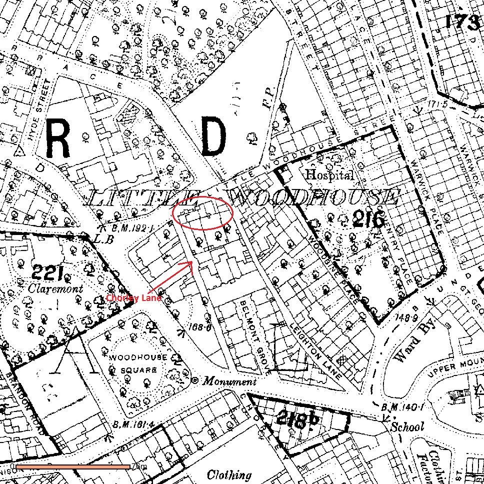 c.1890 map showing Little Woodhouse area. The location of the cottages is indicated by the circle