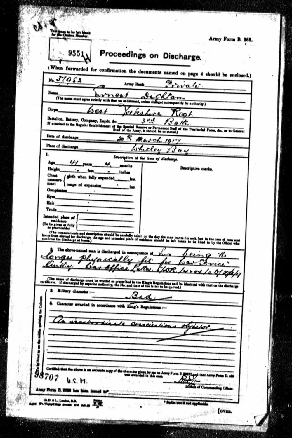 Extract from Ernest Dightam's entry in the British Army WW1 Pension Records: 1914-1920. Taken from Ancestry.com