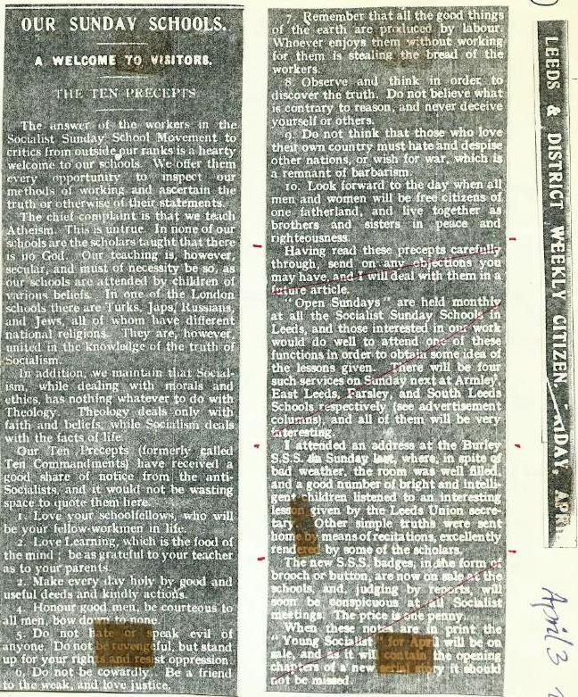 Article from the Leeds and District Weekly Citizen (13.04.1914), showing the ten precepts of the Socialist Sunday Schools in Leeds