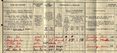 Page from the 1911 census listing the members of the Lee family of Leeds