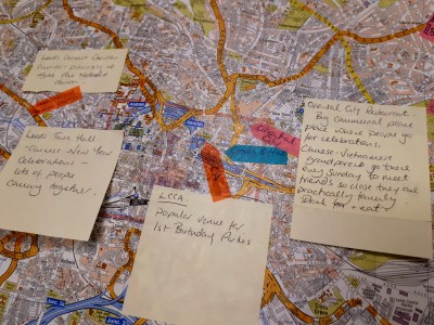 A map of Leeds is overlaid with handwritten notes about local venues