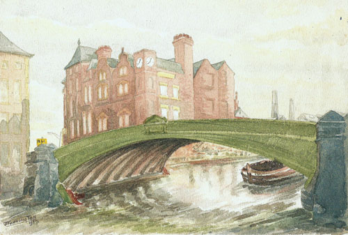 1951. View of Leeds Bridge, painted in watercolours in 1957 by local artist, Joe Tunnington.