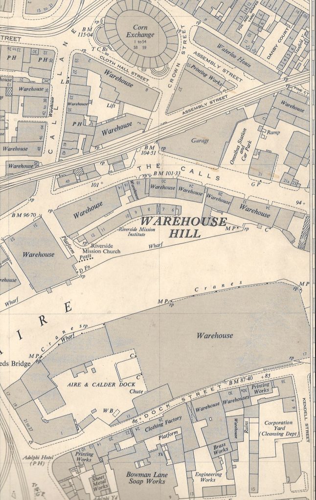 Extract from a 1952 Ordnance Survey map held at the Central Library, showing the Warehouse Hill area of Leeds City Centre, at 1:1250 scale, (c) OS