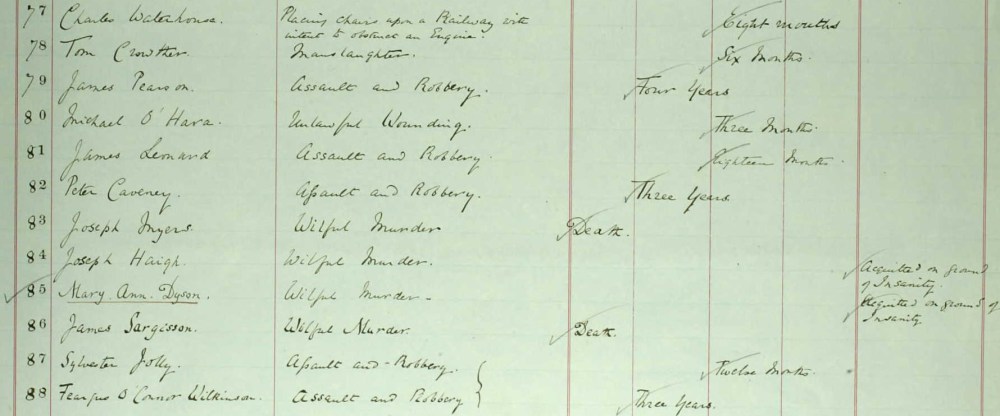 Page from Criminal Registers showing Joseph Myers and James Sargisson