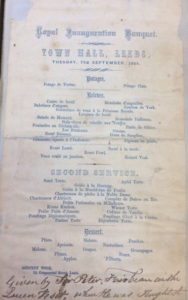 Copy of the banquet menu served for Queen Victoria on the occasion of the opening of Leeds Town Hall in 1858.