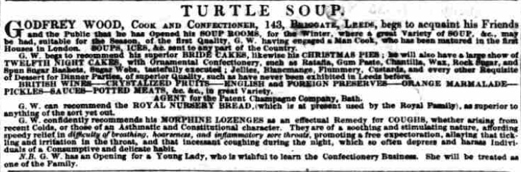 Newspaper advert from 12 November 1842, advertising Wood's Soup Rooms 