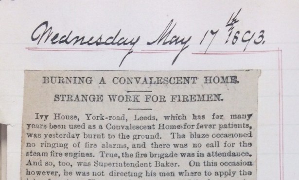 Newspaper cutting from May 1893 concerning the burning of a convalescent home.