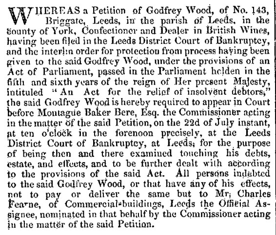 Image from London Gazette concerning Wood's bankruptcy