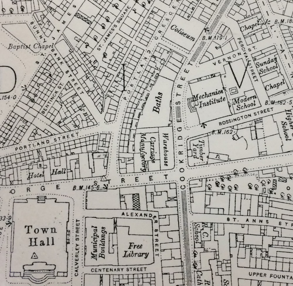 Ordnance Survey map from 1893 showing the location of the public baths