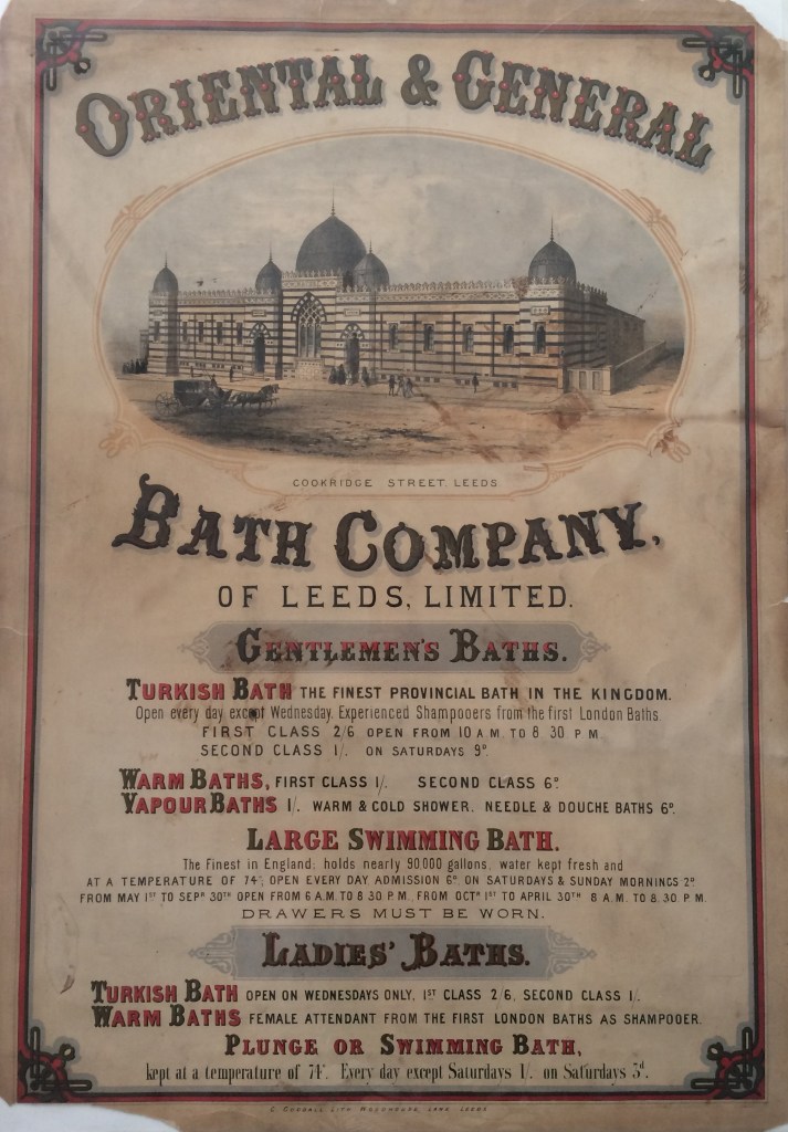Image shows print advertising the Oriental and General Bath Company with an image of the baths and text describing the types of baths available