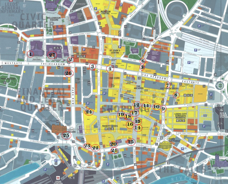 Map of Leeds city centre showing locations of trail stop offs.