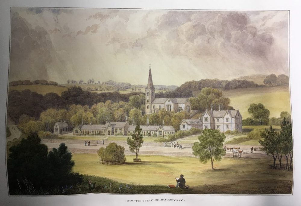 Rural scene, showing rolling meadows and a church in the distance