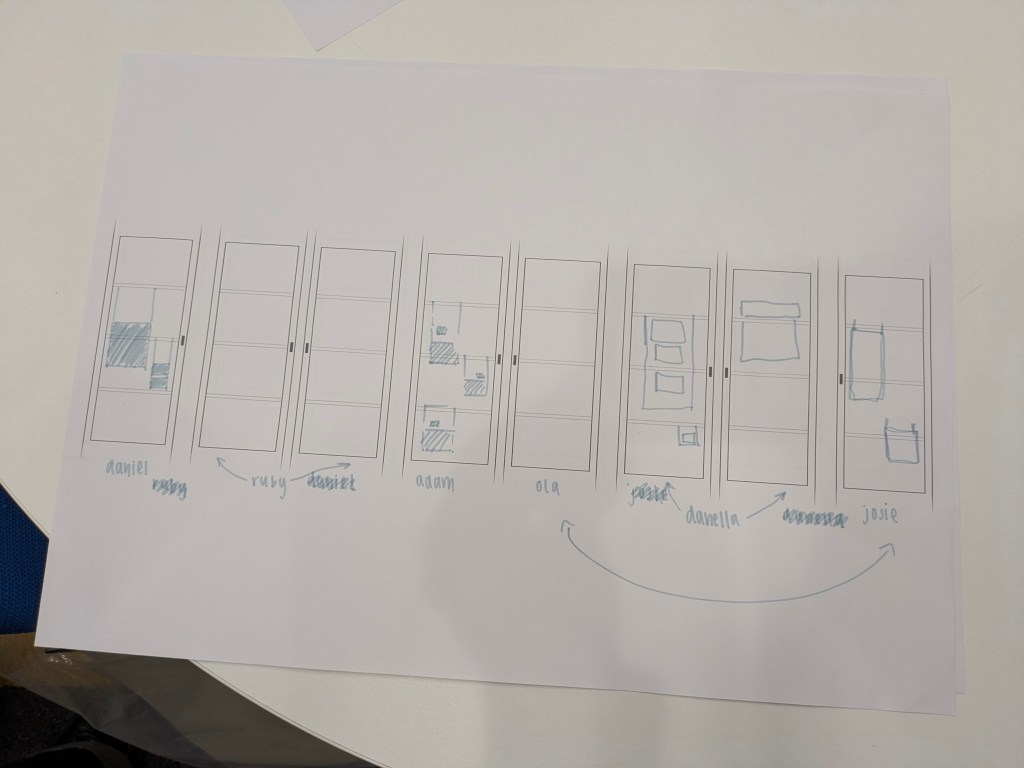 A pencil sketch of large, rectangular glass cabinets showing where art work could be positioned within them.