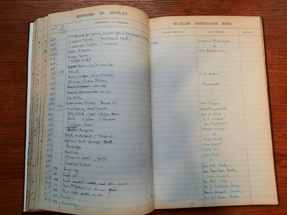 Page of the Morley Museum accessions book