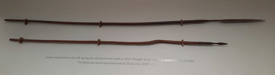 The two spears on the wall in Morley Library