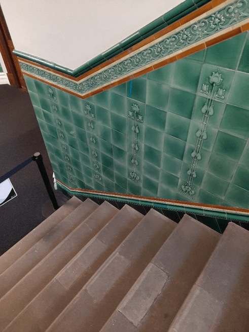 Stairs at Morley Library showing evidence of cannonball damage