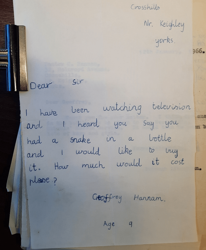 Letter from a young boy who would like to buy a snake in a bottle
