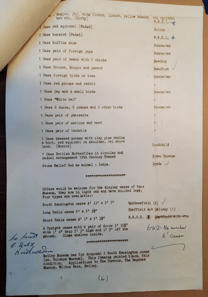 Record of where Morley Museum items were due to be sent