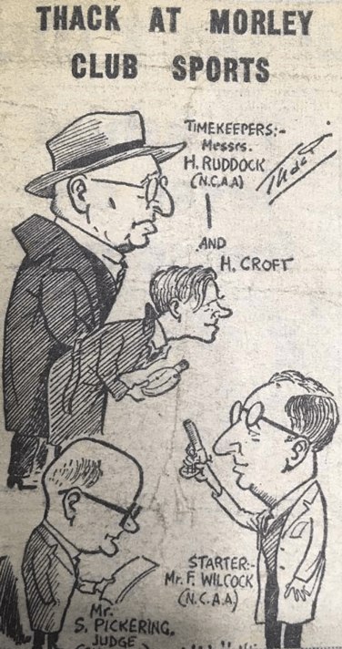 A 1949 cartoon shows Harry Croft officiating as a timekeeper at a meet alongside other race officials.